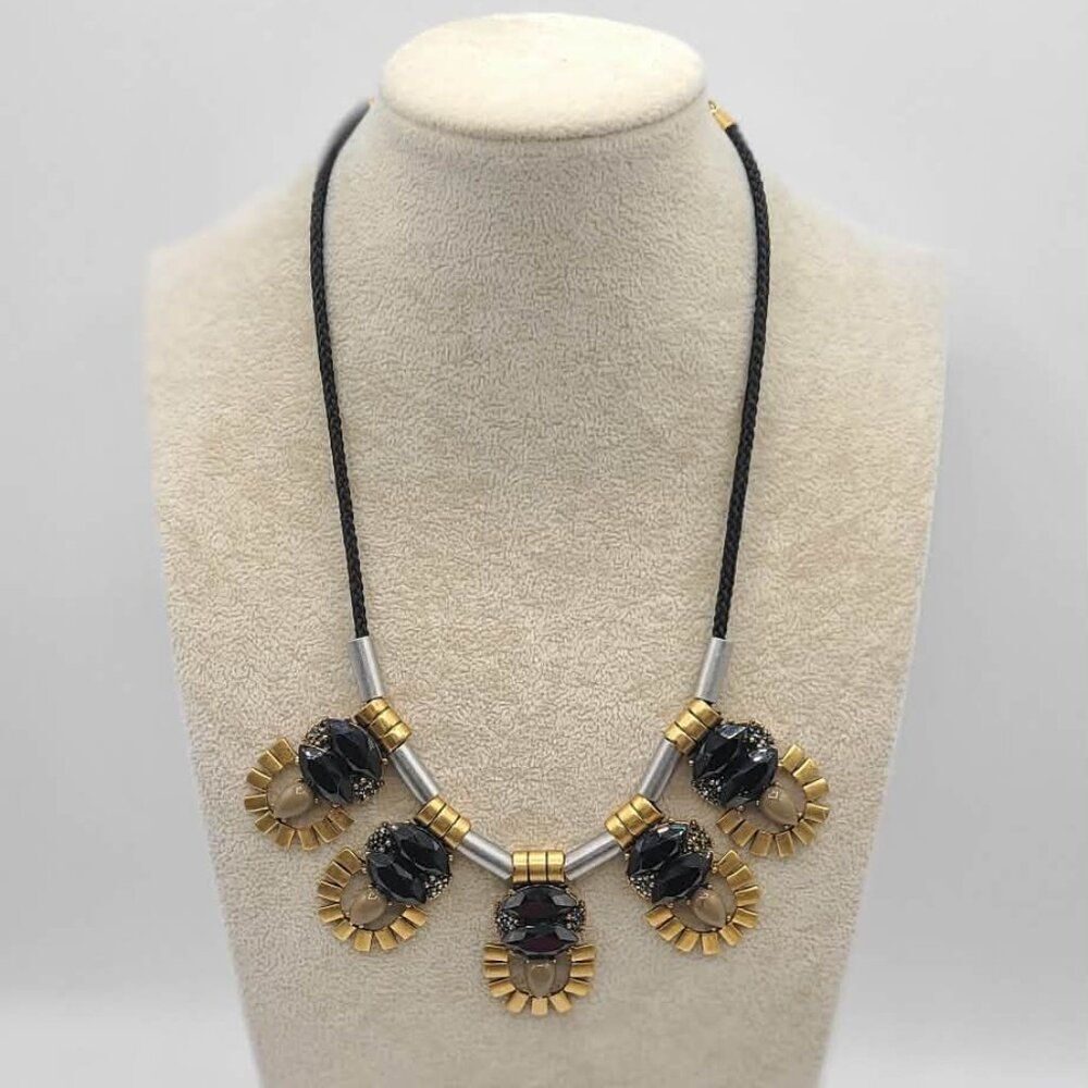 J Crew Brass Crystal Black Cord More Necklace
